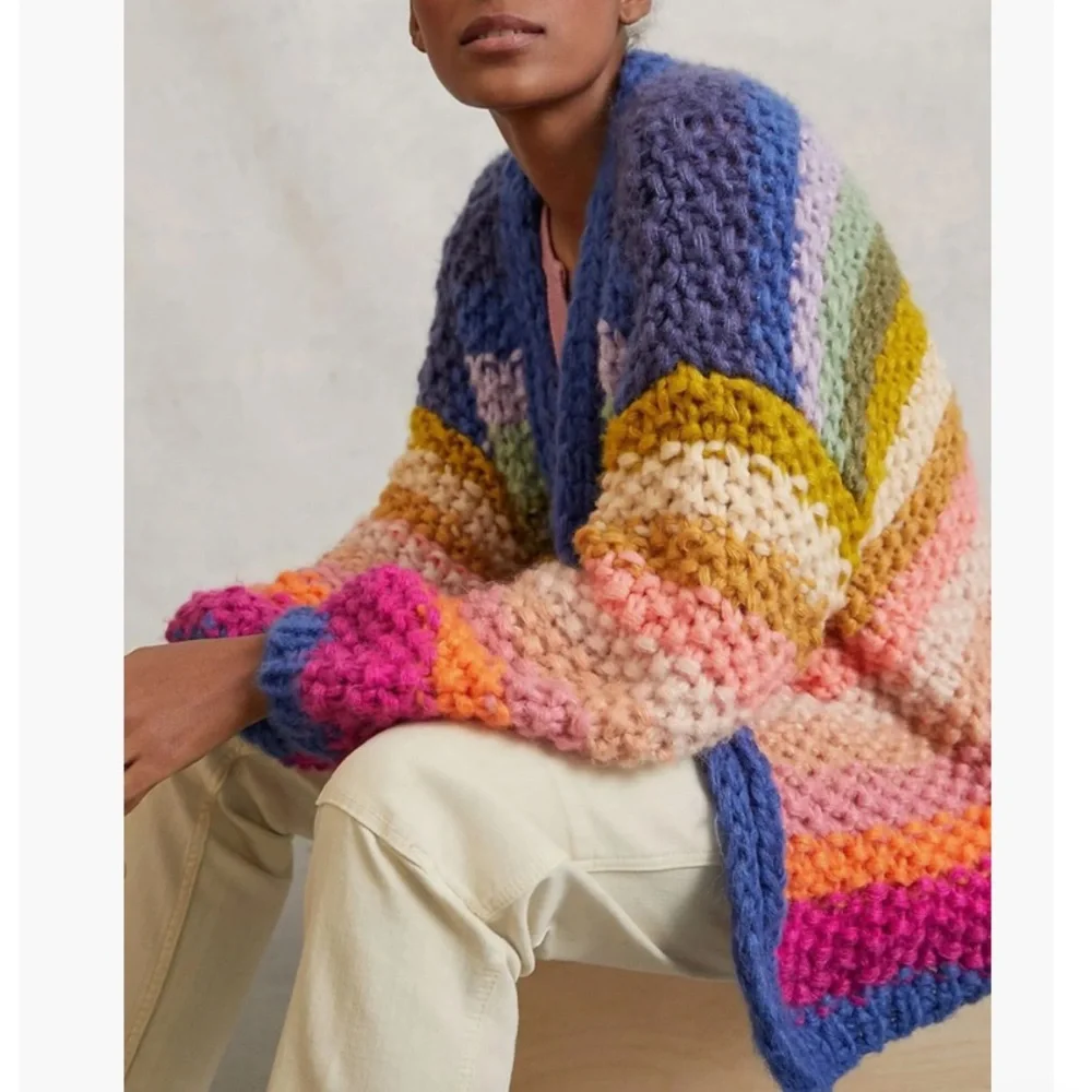 SAACHI Multicolor Chunky Knit Striped Cardigan - Blue, Pink, Yellow - Picture 4 of 13